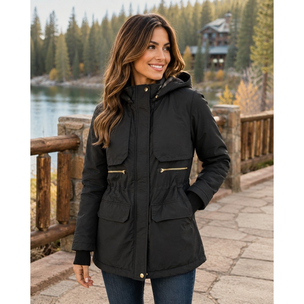 Zara Basic Women Small Black Hooded Utility Parka Jacket Faux Fur Lined